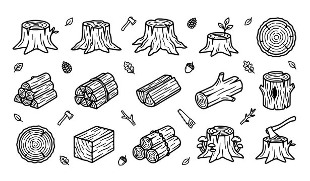 Tree Stump and Log Sketch Collection with Cut Wood Firewood and Timber Illustration Elements