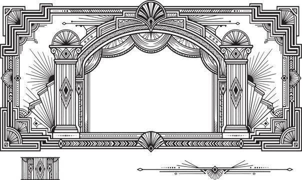 Vintage Art Deco Theater Stage Frame and Border Element, Elegant Retro Architectural Line Art Vector Design, Luxury Geometric Arch with Pillars, Curtain Valance, Sunburst, and Calligraphic Text Divide