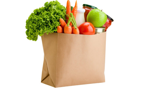 Brown paper bag filled with fresh groceries lettuce carrots apple tomato milk, jar
