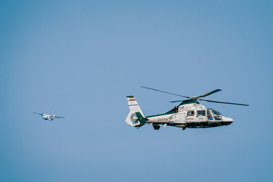 Gijon, Asturias, Spain July 27 2025 Helicpter AS365 Dauphin and CN235 Guardia Civil during Gijon Air show