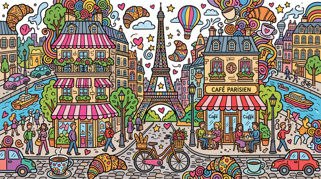 Colorful cartoon illustration of a whimsical Paris street scene featuring the Eiffel Tower, cozy cafes, croissants, people walking, and hot air balloons.
