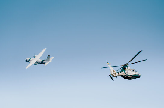 Gijon, Asturias, Spain July 27 2025 Helicpter AS365 Dauphin and CN235 Guardia Civil during Gijon Air show