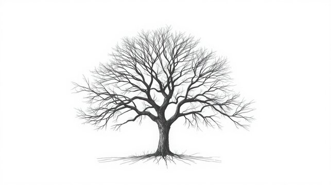 Delicate black and white tree sketch in minimalist winter landscape with intricate branches