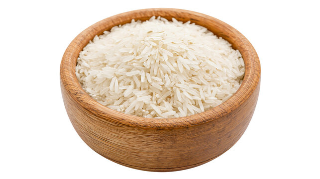Wooden bowl filled with uncooked white long grain rice