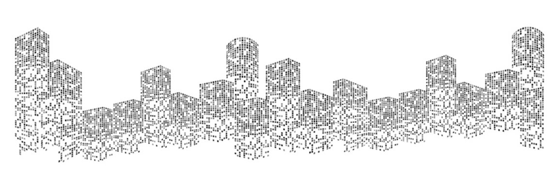 Building City Vector Modern city skyline silhouette with glowing digital elements and abstract geometric patterns creating futuristic urban building landscape on white background