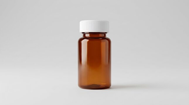 Empty brown glass medicine bottle with a white plastic cap for pills and supplements
