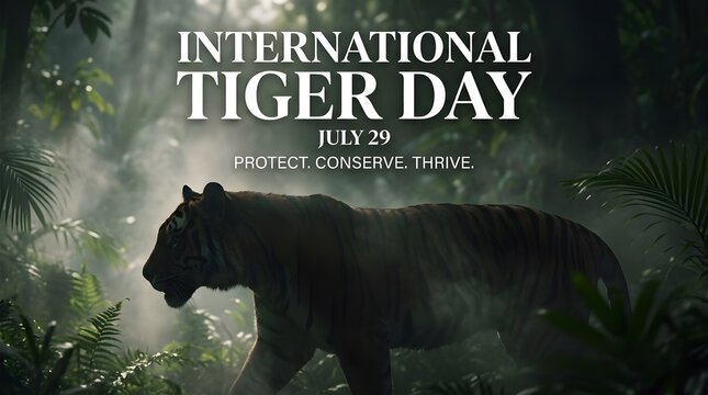 International tiger day concept art with tiger walking in tropical forest