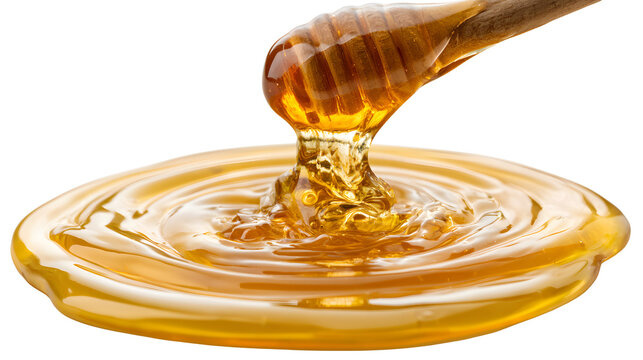 Golden viscous honey pouring and forming ripples, isolated on white background