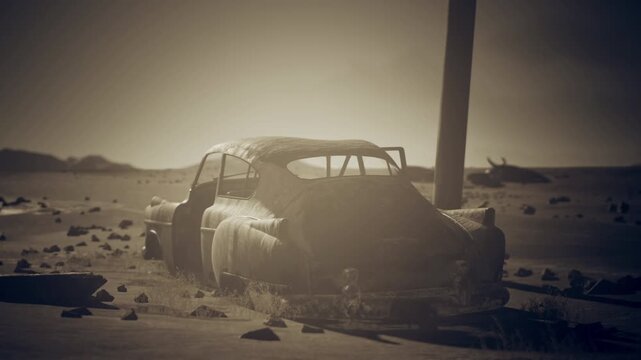 Decayed vehicle featuring granular sand and weathered surfaces. Close examination of rusty car beneath dunes with broken glass and textured metal surfaces