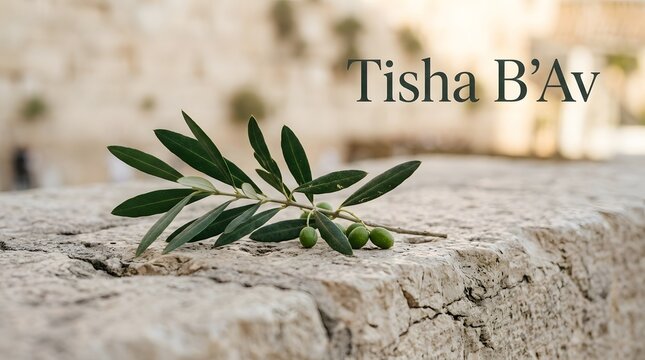 Tisha b av jewish religious observance concept with olive branch on stone wall