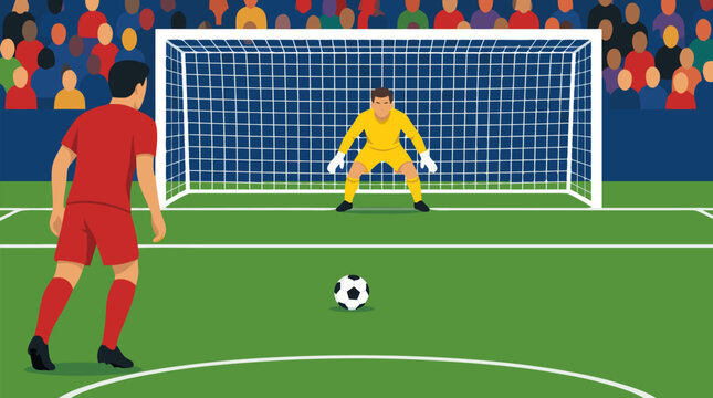 A focused penalty taker eyeing the goal as the goalkeeper crouches in a ready stance on a bright green football pitch, a clean flat vector illustration perfect for soccer and sports content on a light