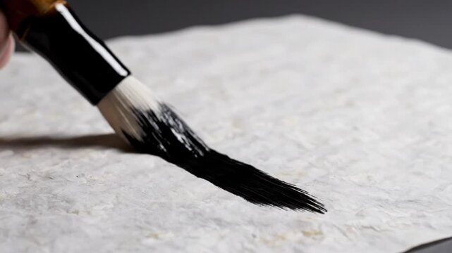 A close-up video captures a traditional calligraphy brush making a bold, black ink stroke on textured paper. The deliberate movement highlights the fluid motion of the ink and the bristles.