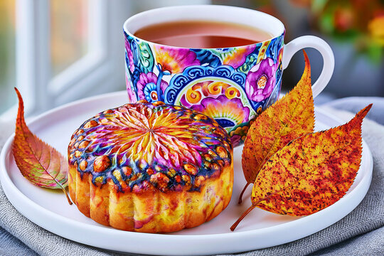 Mooncake with Tea and Autumn Leaves on White Plate