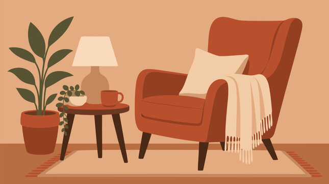 Inviting flat vector illustration of a cozy reading armchair with a soft throw blanket and a plump cushion viewed from the side in warm terracotta tones, ideal for interior design, home lifestyle and 