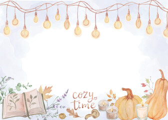 Fototapeta premium Cozy time watercolor autumn frame, horizontal background with hand painted pumpkins, retro light bulbs garland, vintage book and candles on white, Vector EPS. 