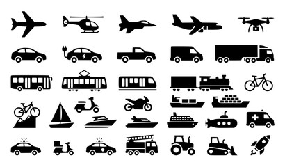Fototapeta premium Professional Transportation Vehicle and Aviation Black Silhouette Icon Pack Vector