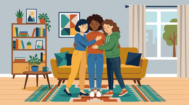 Friends supporting each other with a comforting hug in a warm living room setting, ideal for friendship, emotional support, and mental wellness content in clean flat vector style on a light background