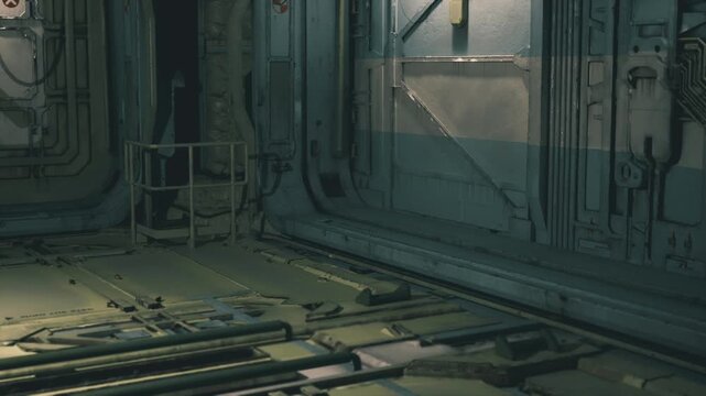 Rusty industrial corridor inside spaceship, dim green lighting highlights metal panels and exposed pipes, grated floor with cable runs, scuffed paint