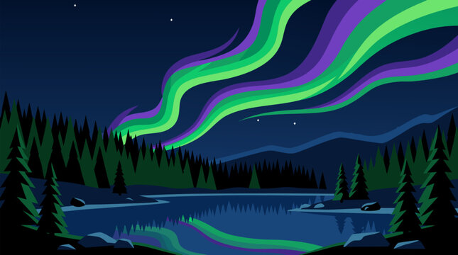 Northern lights dancing in green and violet ribbons above a dark pine forest and frozen lake under a starry night sky, perfect for nature, winter, and travel content in clean flat vector style on a li