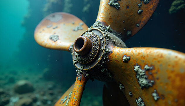 Underwater boat propeller covered with barnacles in ocean depths. Rusty boat propeller features visible corrosion and marine growth, showcasing nature's reclaiming of man-made objects.