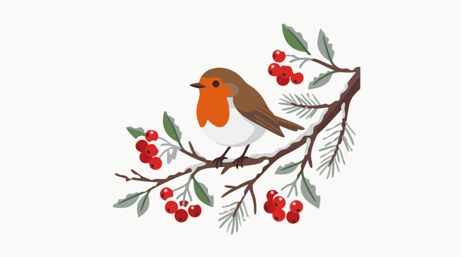 A tiny robin perched on a frosty branch with red berries against a soft white background in a charming wintry vignette, perfect for seasonal and nature themed content in clean flat vector style on a l