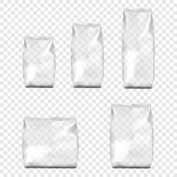 Clear plastic pouch, various sizes set. Realistic vector mockup. Blank empty poly bags. Square, tall rectangle. 3d mock-up. Transparent glossy polythene bag package. Template for design