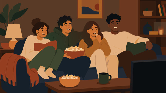 A cozy group of friends relaxes on a couch watching a movie together with popcorn and warm evening lighting, a clean flat vector illustration suited for entertainment, home lifestyle, and streaming se