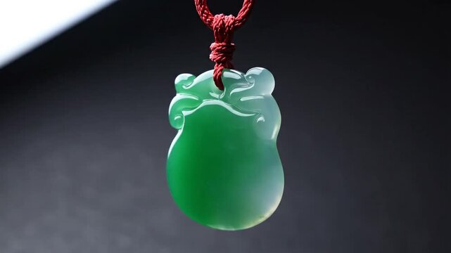 A close-up video showcases a vibrant green jade pendant rotating slowly. The translucent gemstone, carved with traditional motifs, hangs from a red cord against a dark background.
