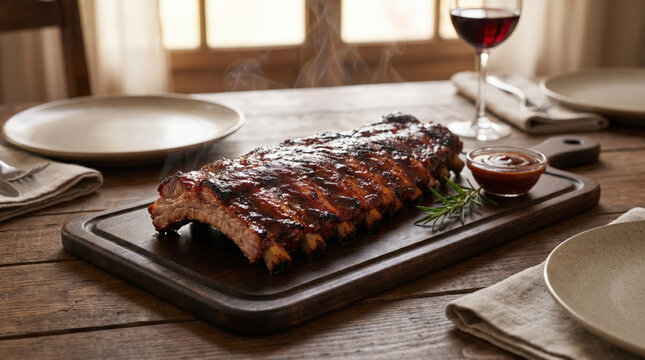 Glazed grilled ribs steaming on wooden board with sauce rosemary table setting red wine glass showing barbecue dinner savory meal restaurant dining concept rustic appetite feast table
