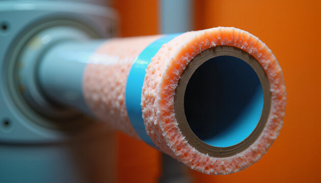 Close up of industrial pipe with orange foam insulation wrapped around it, showcasing blue tape detail. Industrial equipment highlighted with foam insulation,
