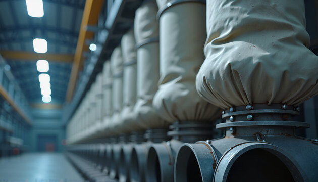 Industrial filtration system with dust collectors in manufacturing facility showcasing equipment efficiency and precision. Industrial processes rely on effective dust collectors for clean air systems.