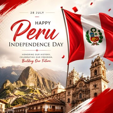 Peru independence day celebration with flag and historic building