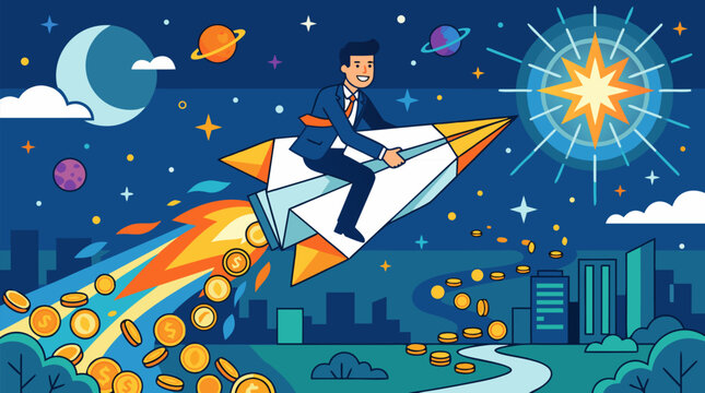 Entrepreneur riding a paper rocket fueled by coins toward a glowing target star, a clean flat vector illustration on a light background perfect for startup and business growth concepts
