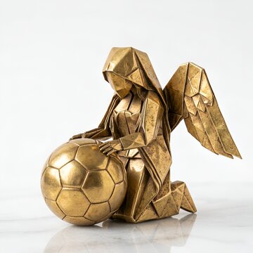 Ange et football en sculpture artistique en origami papier kraft