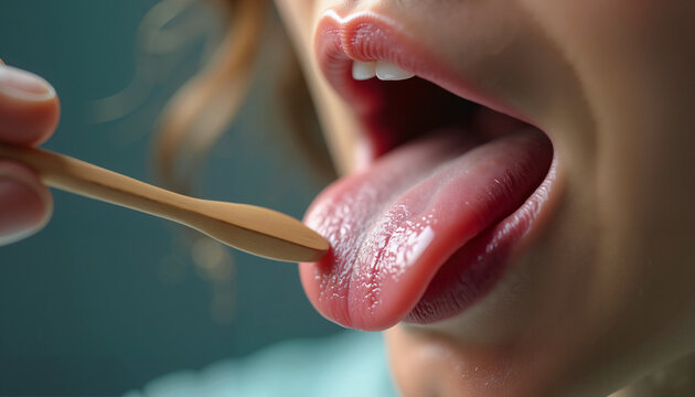 Oral examination with wooden stick on child&rsquo;s tongue, close-up view of healthcare check. Oral examination involves checking for various health indicators related to mouth and throat.