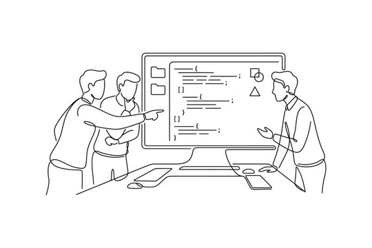Continuous line drawing of a team of software developers working together on code.