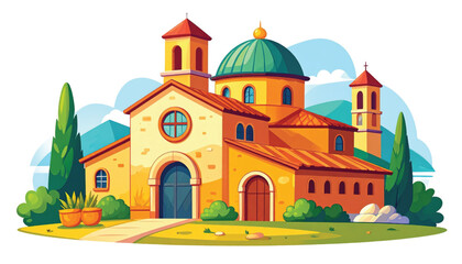 Fototapeta premium Large Yellow Church Building Exterior Architecture.