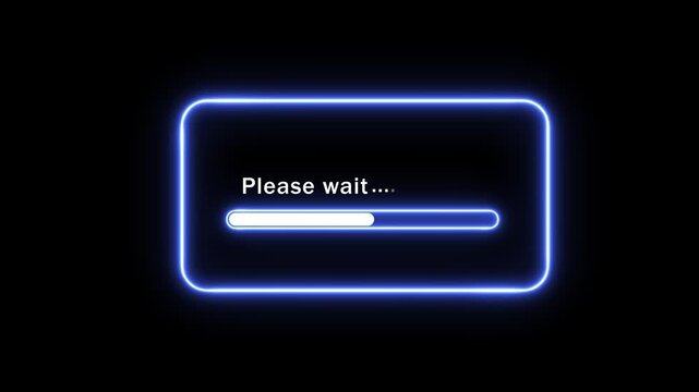 Neon blue glowing loading bar animation with please wait text interface for digital user experience ui ux software development projects and modern tech computer system processing visuals