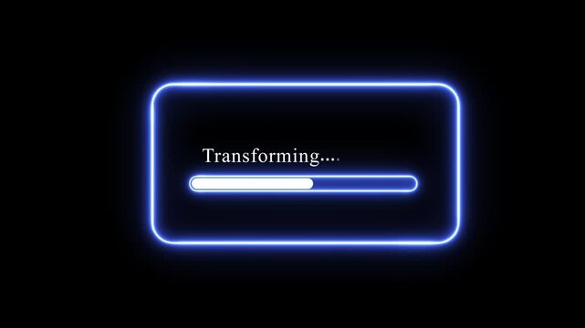 Neon blue glowing transforming loading bar animation with pulsing progress indicator on a deep black background, for modern digital, interface software development, and tech user, experience projects