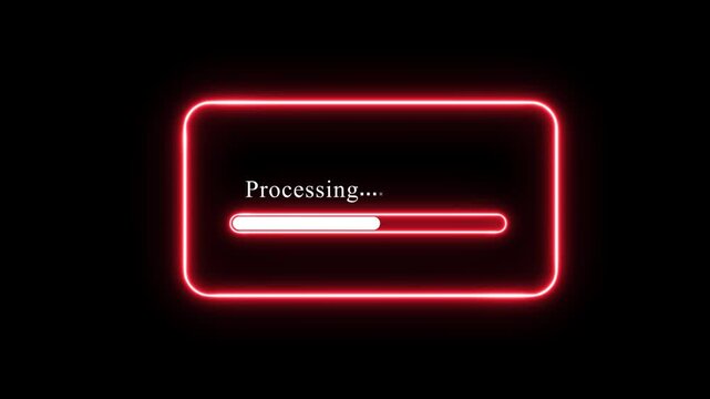 Neon red glowing digital loading bar animation with dynamic progress indicator and pulsing frame effect for modern technology interfaces, software development, data transfer, and system status updates