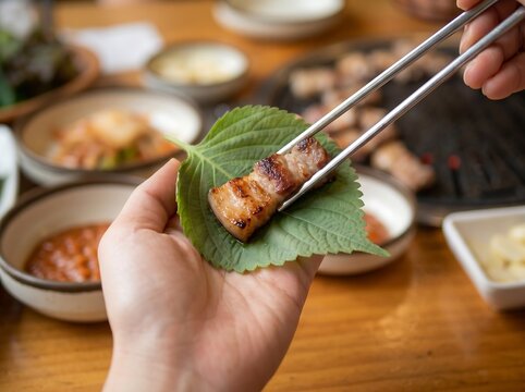 Hand placing pork belly on a perilla leaf