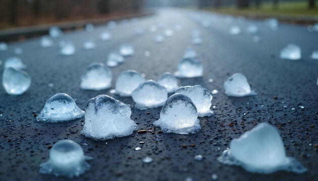 Ice pellets scattered on wet road surface after heavy hailstorm with blurred background. Ice pellets vary in size and shape, creating intriguing patterns on asphalt surface.