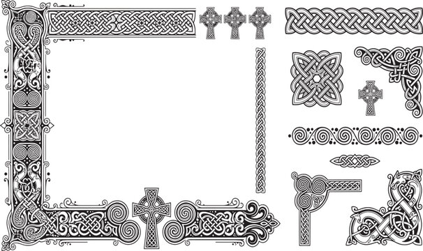 Celtic Knot Border Frame Layout and Celtic Cross Element Mega Bundle, Traditional Nordic Interlocking Patterns, Viking Style Corners and Medieval Irish Trim Dividers Graphic Assets