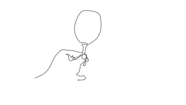Animated self drawing of continuous line draw of  Cheers to Love Two Hands Holding Wine Glasses in a Line Drawing. Full length one line animation. 4K