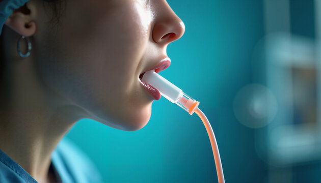 Medical professional using suction device in clinical environment for oral procedure. This process illustrates important aspects of patient care and safety during medical treatments.