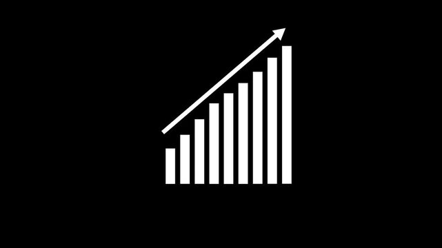 Animated white bar chart graph rising upwards with growing trend arrow on black background, for business financial, data analysis presentation, and corporate performance, growth metrics