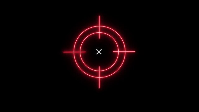 Glowing red digital target reticle overlay with precise crosshair animation for gaming ui hud and military simulation featuring contrast neon light effects on a deep black background