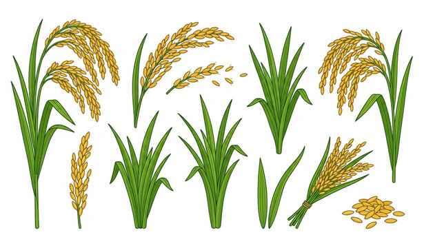 Rice Plant Botanical Collection Featuring Green Paddy Leaves Golden Grain and Harvest Elements Isolated