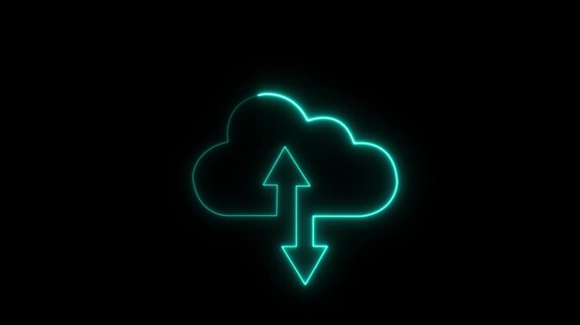 Neon glowing cloud computing with animated data transfer arrows symbolizing digital network synchronization, server connectivity, cloud storage upload and download process on black background