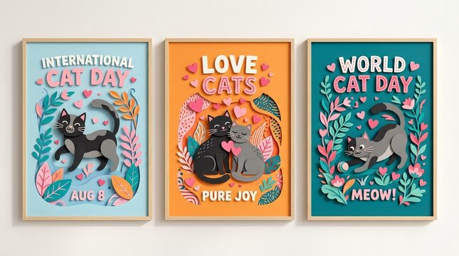 Set of Papercut Style Posters for International Cat Day and World Cat Day Celebration